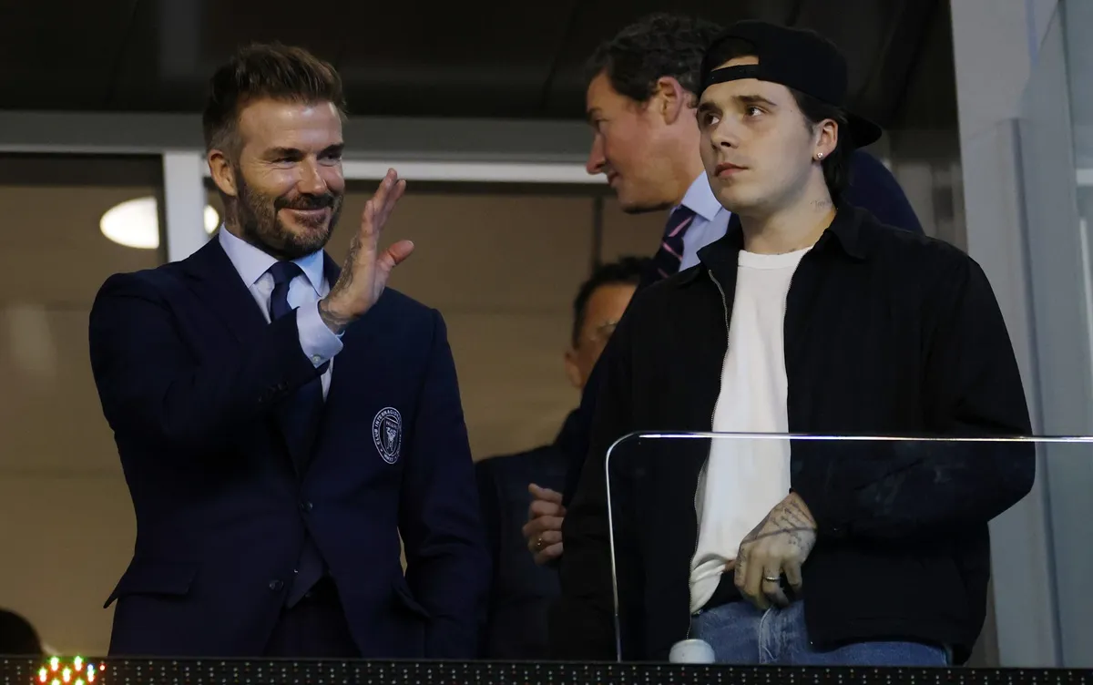 David Beckham and Brooklyn Beckham attend the soccer match between Inter Miami against the Los Angeles Galaxy