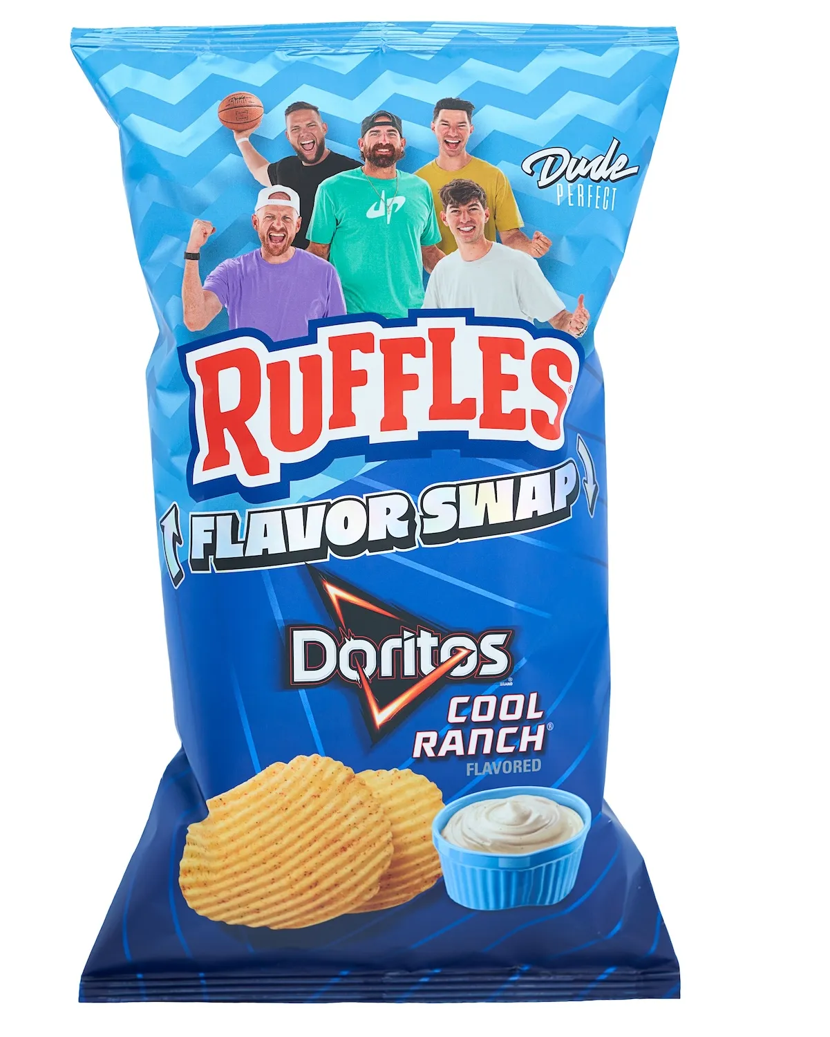 A bag of Doritos Cool Ranch on Ruffles Flavor Swap featuring Dude Perfect