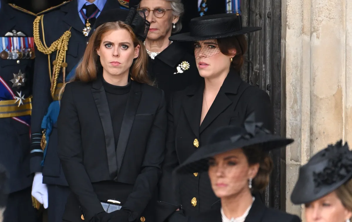 Princess Beatrice and Princess Eugenie during the State Funeral of Queen Elizabeth II at Westminster Abbey on September 19, 2022