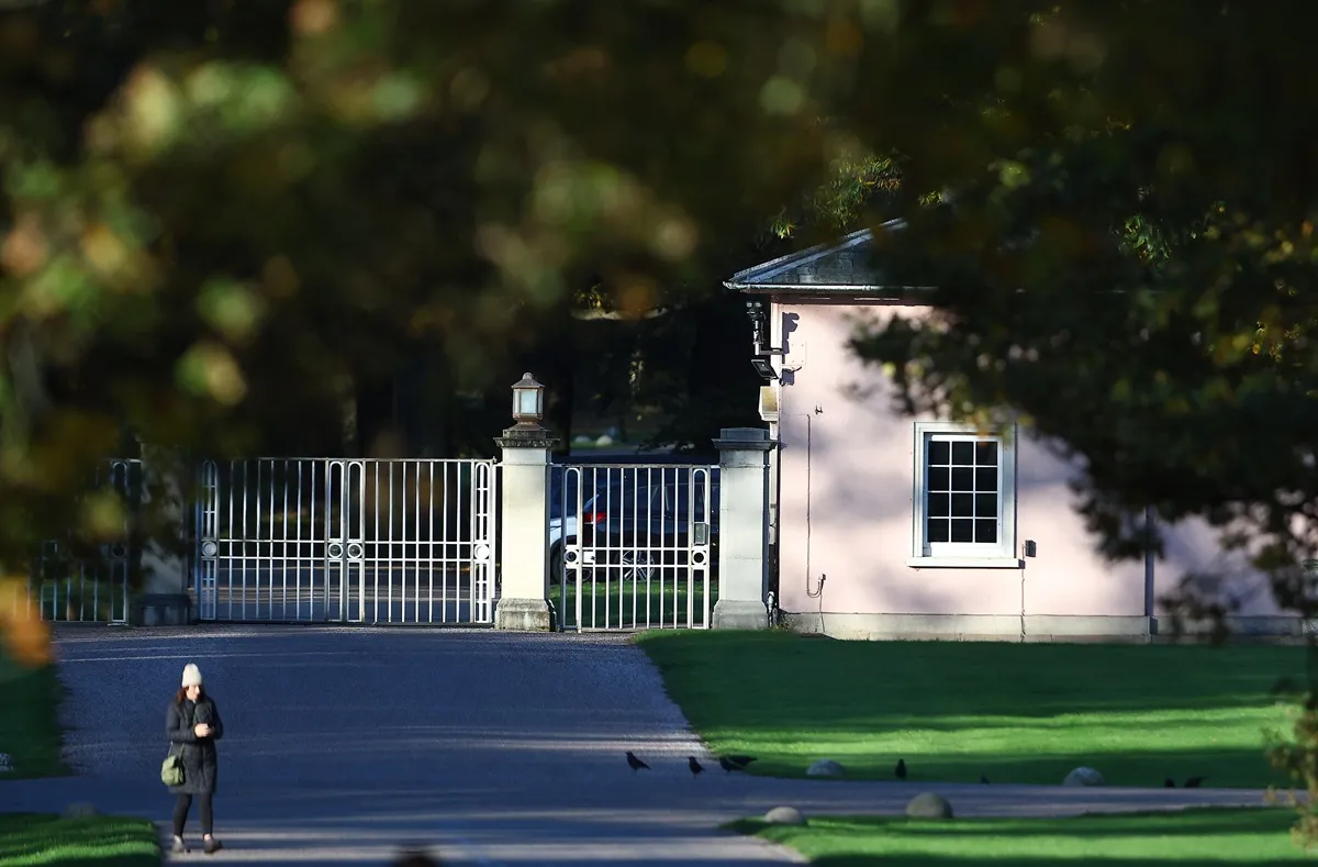 The entrance gates and gatehouse to Royal Lodge are seen in Windsor Great Park on October 25, 2025 in Windsor, England. The former prince, Andrew, and his teddy bear collection resided in the property for decades.