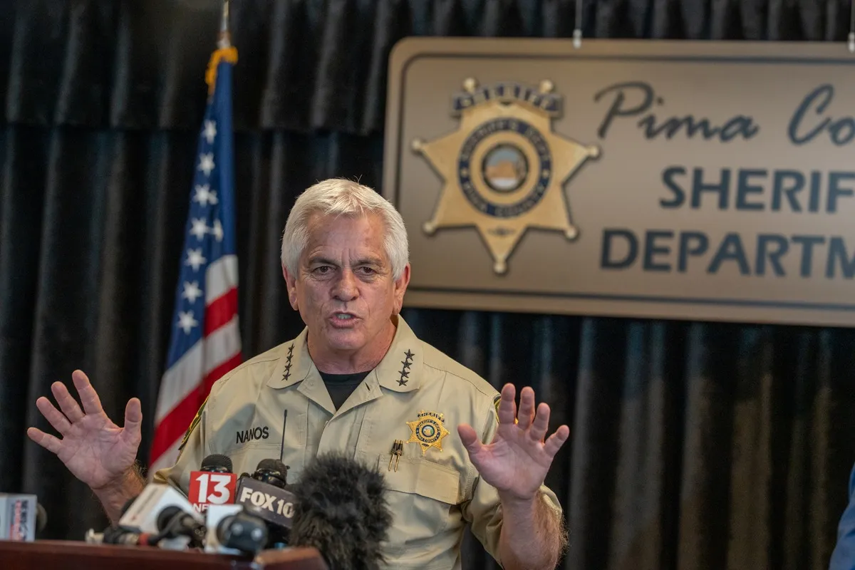 Pima County Sheriff, Chris Nanos, speaks to the media on February 3, 2026 in Tucson, Arizona. He was answering questions about the search for Nancy Guthrie, the missing mother of NBC host Savannah Guthrie.