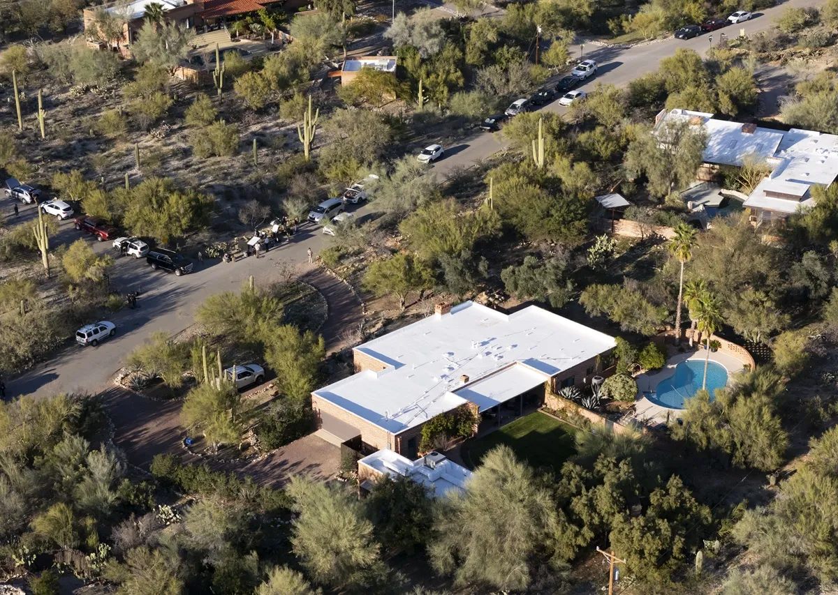 An aerial view shows the home of Nancy Guthrie on February 7, 2026 in Tucson, Arizona. The 84-year-old mother of U.S. journalist and television host Savannah Guthrie went missing from her home in the early hours of Sunday, February 1st.