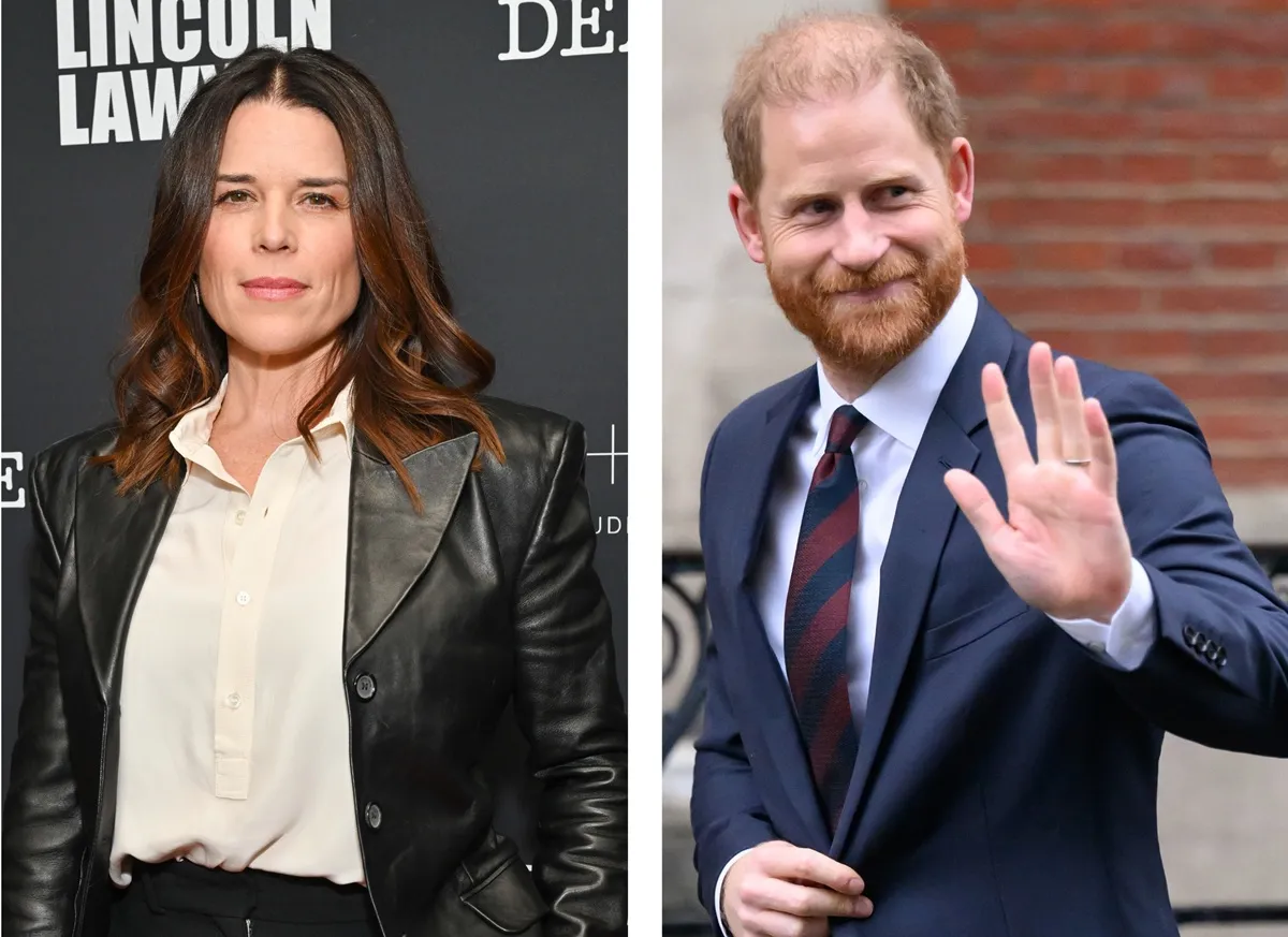 (L) Neve Campbell at the Deadline x 'The Lincoln Lawyer' Season 4 premiere, (R) Prince Harry leaving courthouse in London