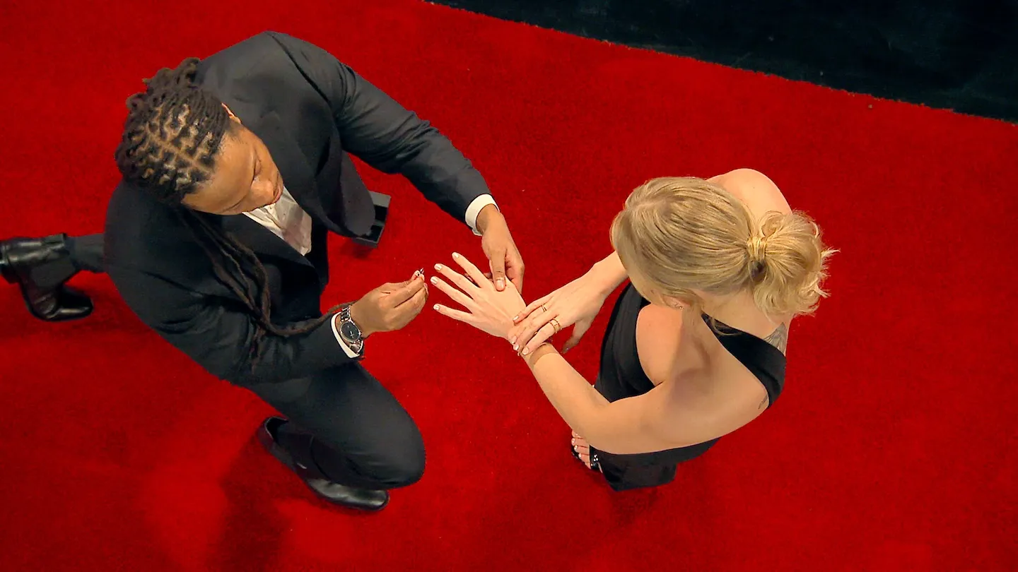 'Love Is Blind' Season 10 stars Dr. Vic St. John and Christine Hamilton getting engaged from overhead.
