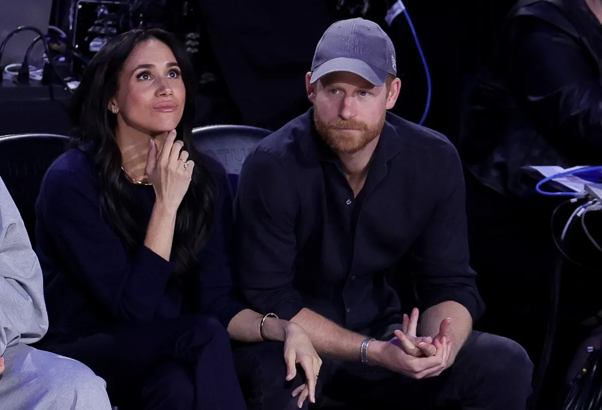 Meghan Markle and Prince Harry watch during the 75th NBA All-Star Game at Intuit Dome in Inglewood, California