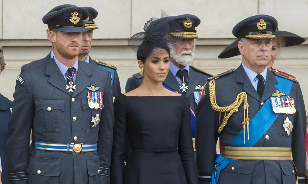 Prince Harry, Meghan Markle, and Andrew Mountbatten-Windsor during the RAF 100 ceremony at Buckingham Palace