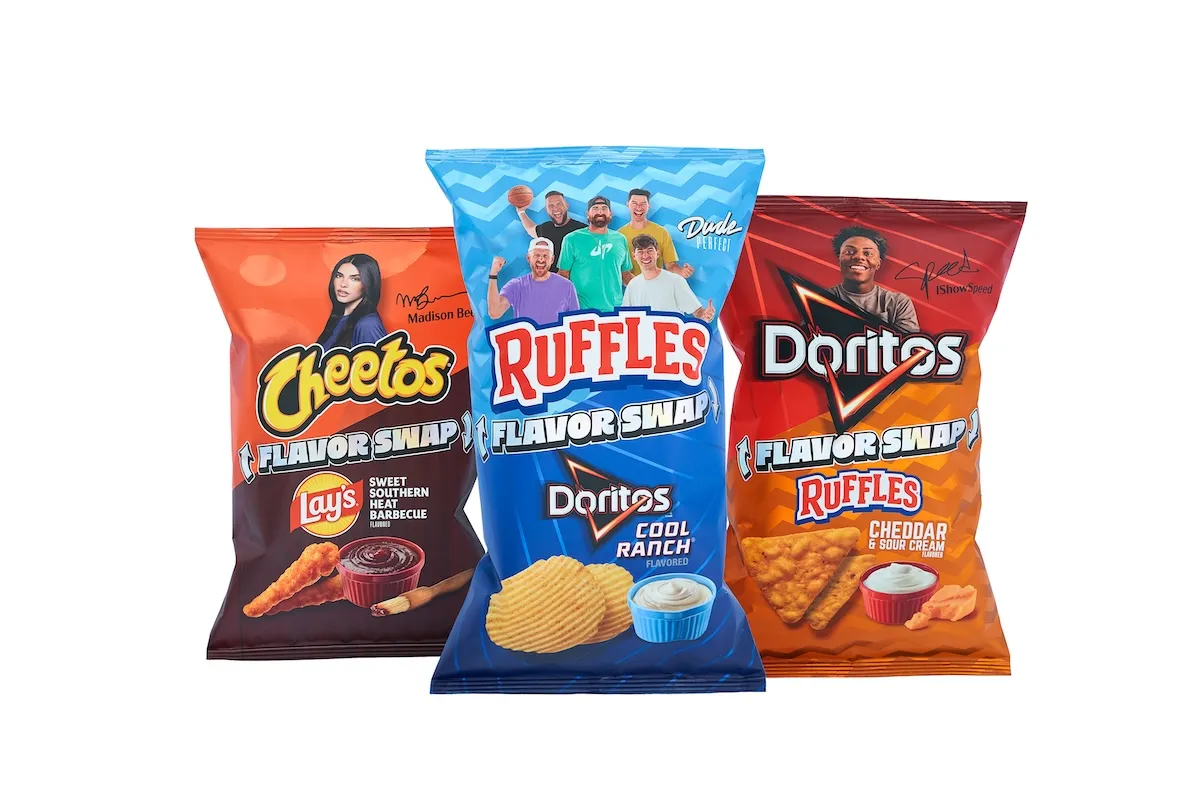 PepsiCo Flavor Swaps featuring Lay's Sweet Southern Heat Barbecue on Cheetos Crunchy, Ruffles Cheddar & Sour Cream on Doritos, and Doritos Cool Ranch on Ruffles
