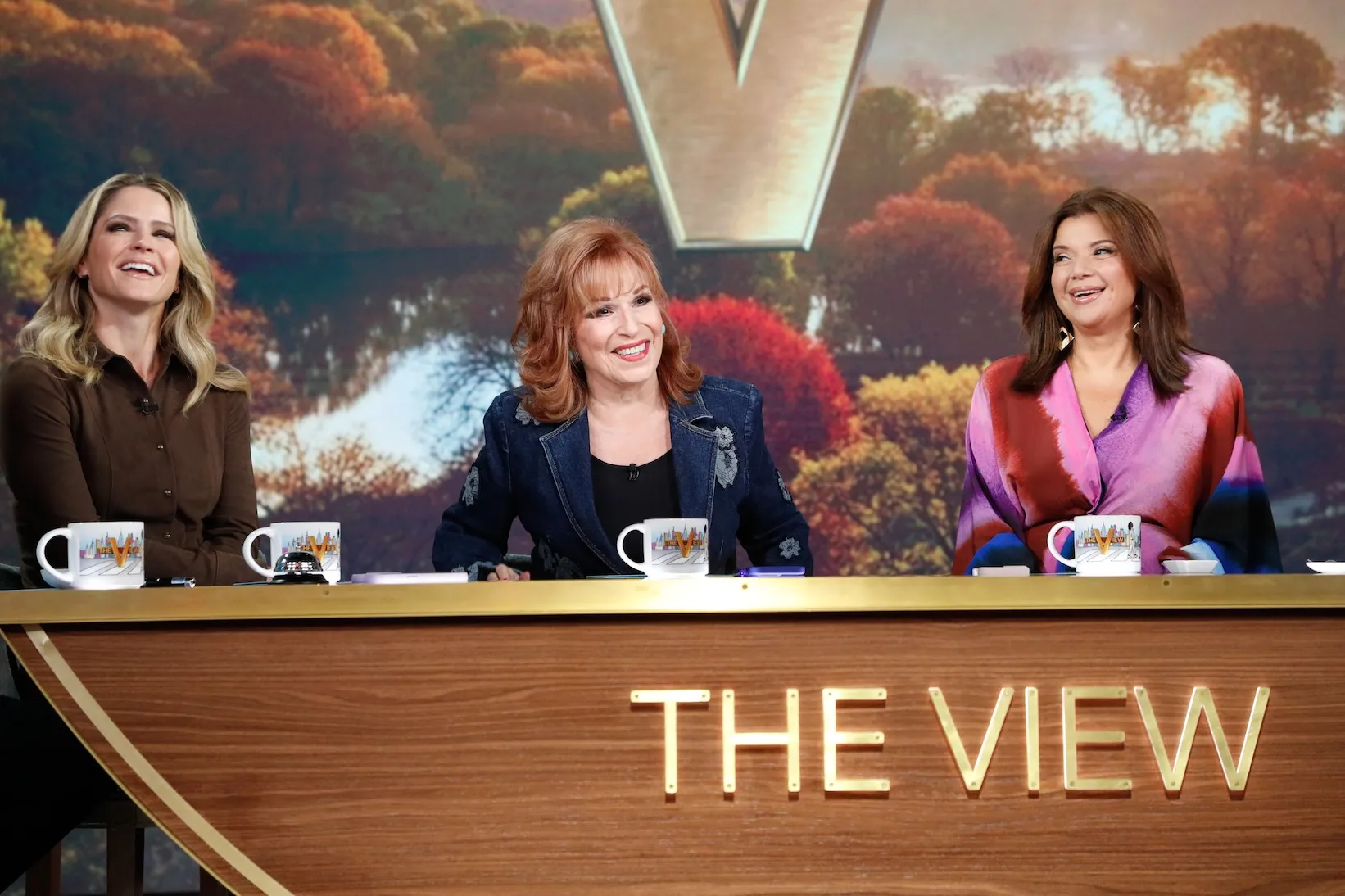 Sara Haines, Joy Behar, and Ana Navarro smiling on the set of 'The View'
