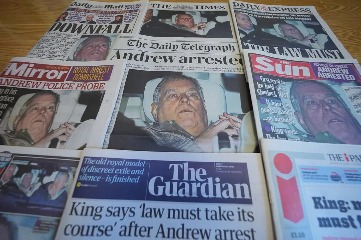The front pages of national newspapers on display in London showing Andrew Mountbatten-Windsor leaving Aylsham Police Station