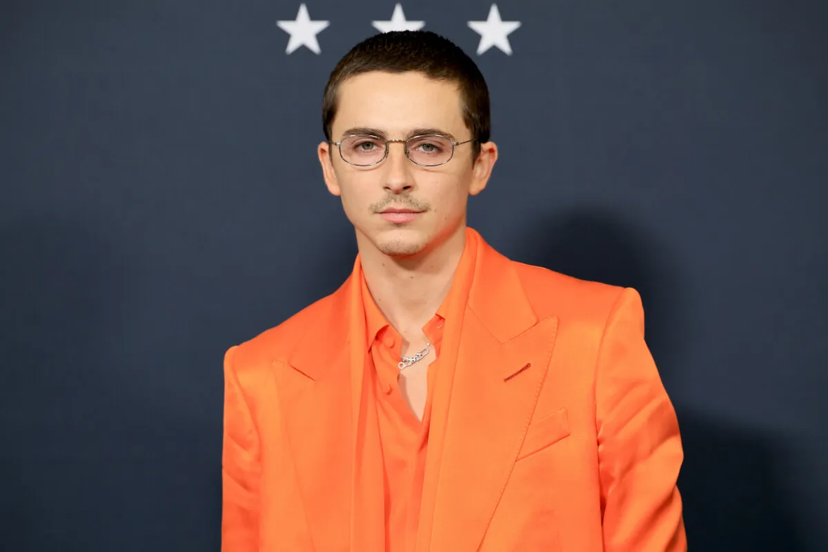 Timothee Chalamet wears an orange suit and silver glasses.