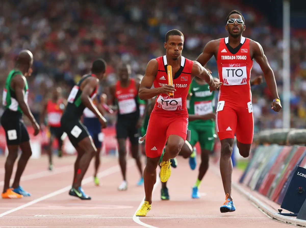 Zwede Hewitt of Trinidad and Tobago competes in the Men's 4x400 metres relay heats during day nine of the Glasgow 2014 Commonwealth Games