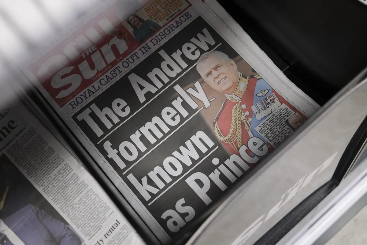 A UK daily newspaper displays image of Andrew Mountbatten Windsor on the front page on October 31, 2025