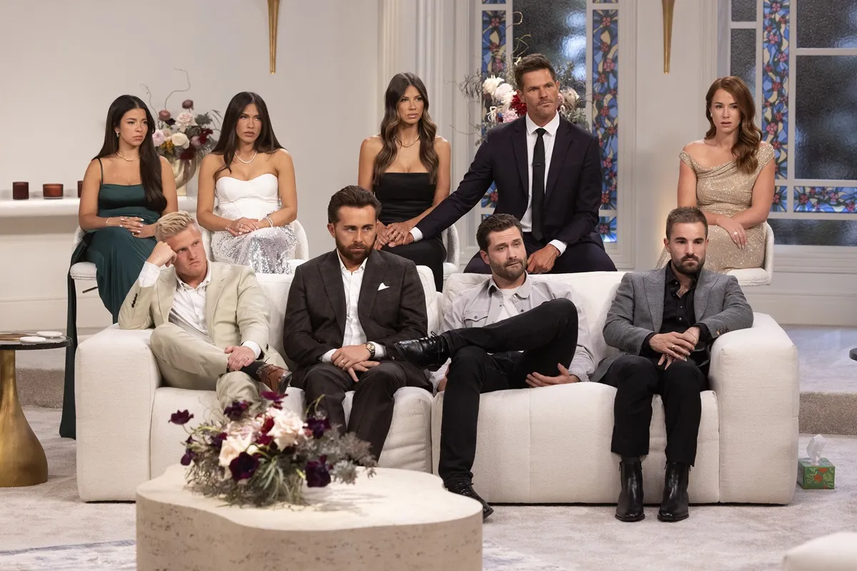Jennifer and Zac Affleck, Jessi Draper and Jordan Ngatikaura, Dmi Engemann, Dakota Mortensen, Bret Engemann, and Conner and Whitney Leavitt sit together durin a reunion special for 'The Secret Lives of Mormon Wives' season 3.