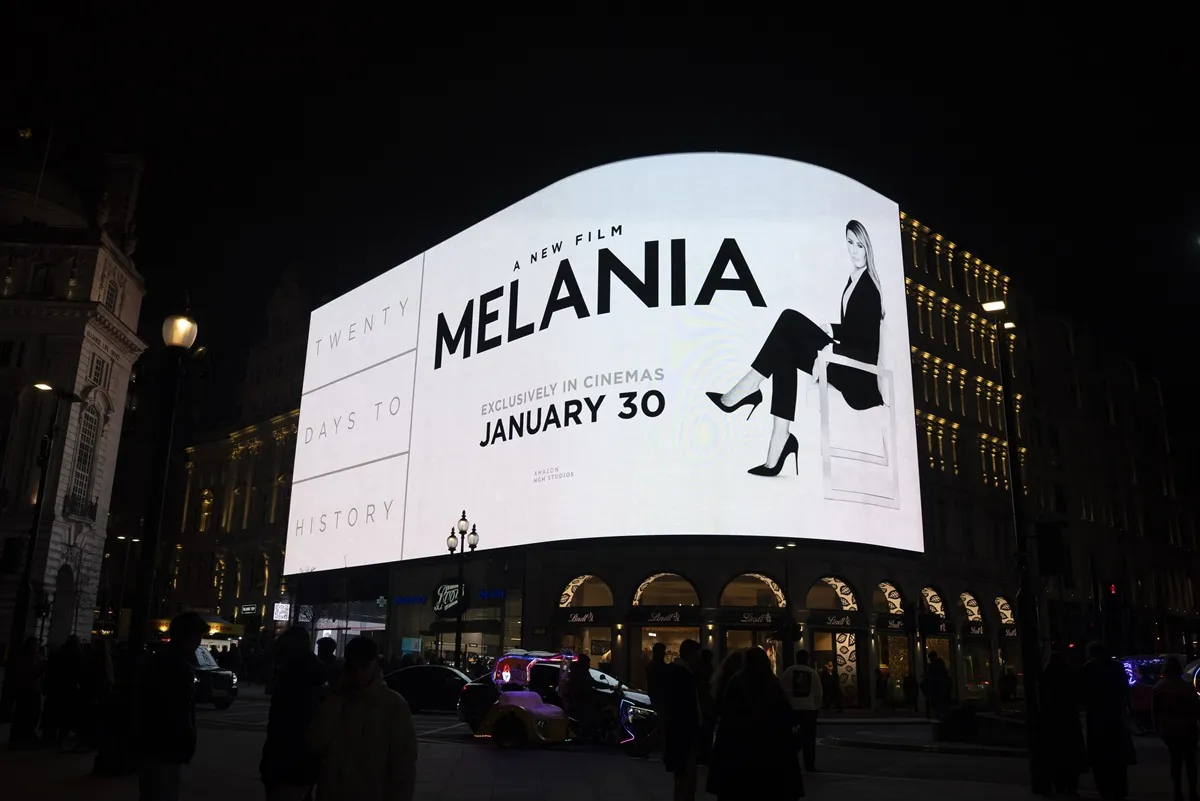 Advertising displays on Piccadilly Lights for "Melania", the documentary about U.S. First Lady Melania Trump, on January 29, 2026 in London, England