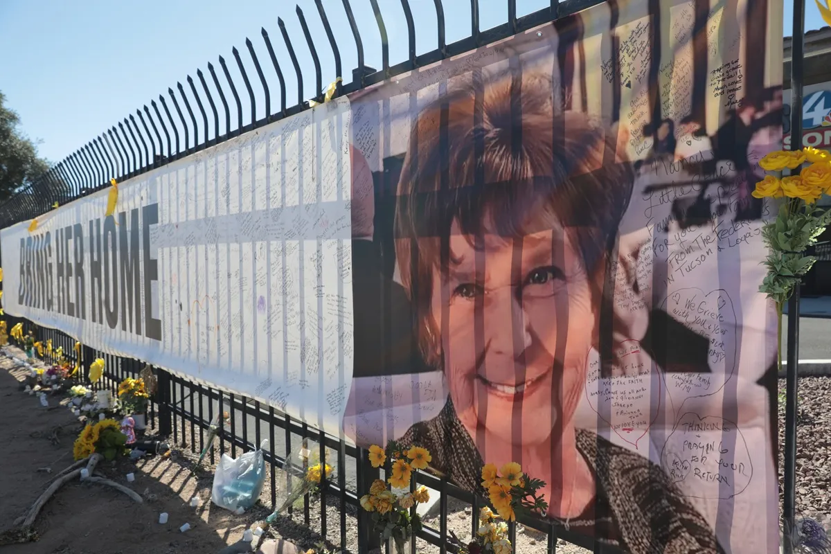 A banner reading "Bring Her Home" in support of Nancy Guthrie is displayed at KVOA in Tucson, Arizona on March 3, 2026.