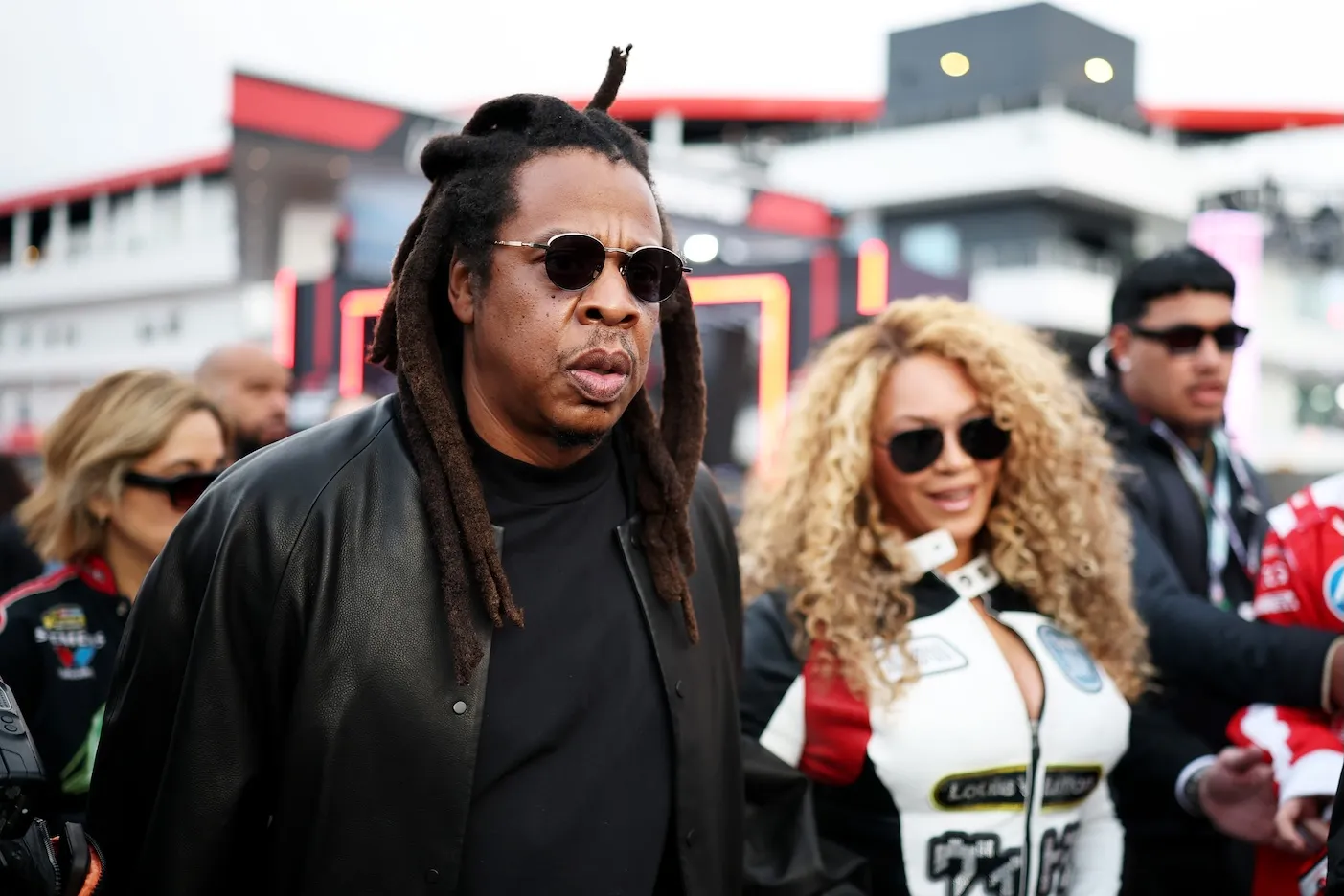 Jay-Z and Beyonce walking together before the F1 Grand Prix in Las Vegas in 2025