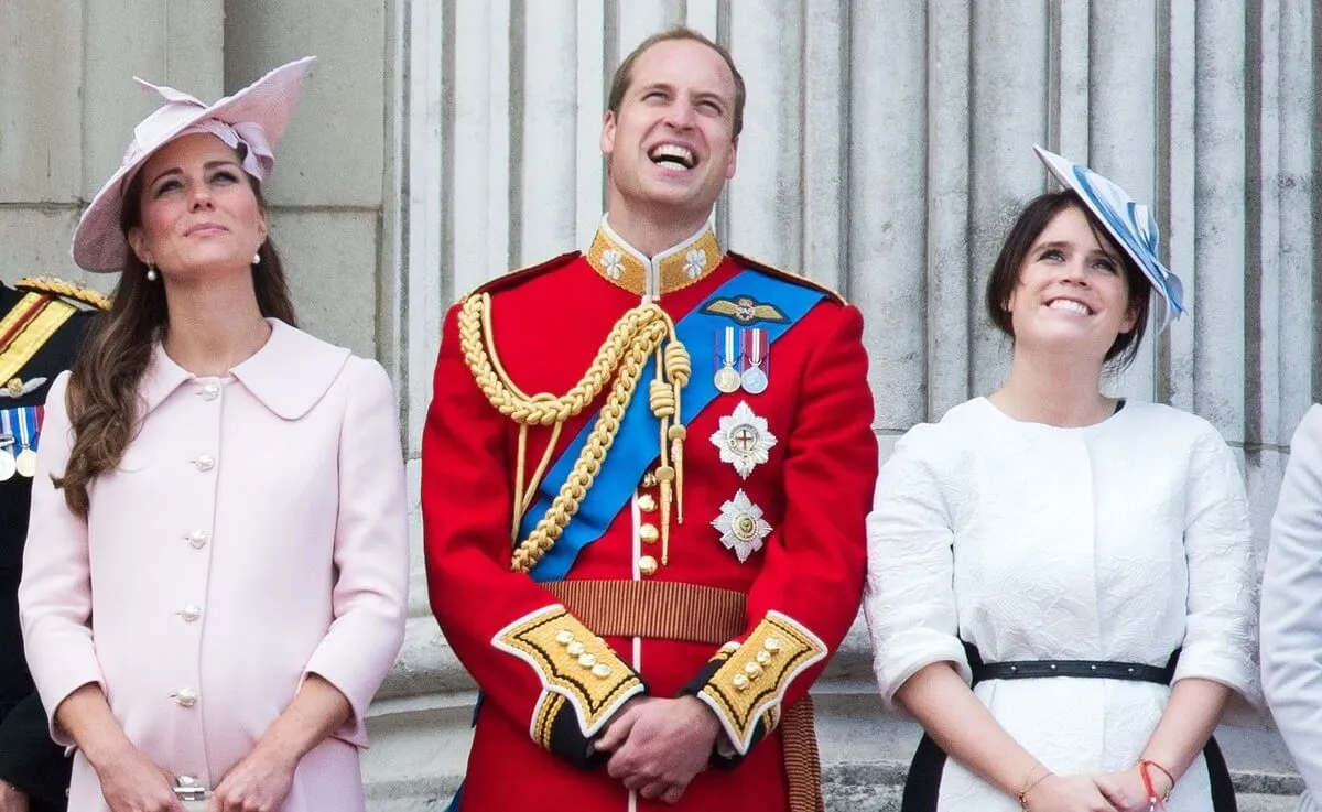 Kate Middleton, Prince William, and Princess Eugenie stand on the balcony during the annual Trooping the Colour Ceremony at Buckingham Palace