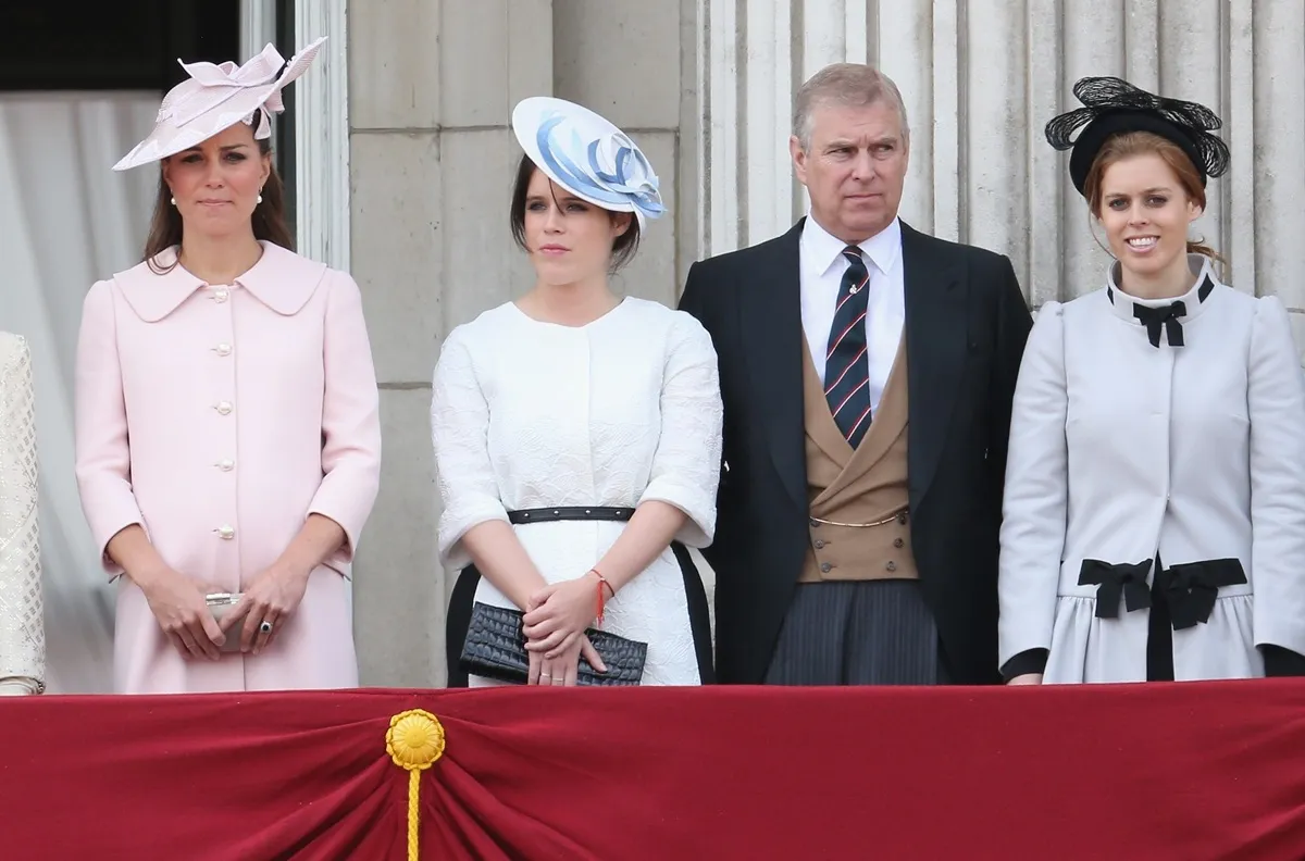 Kate Middleton, Princess Eugenie, Andrew Mountbaatten-Windsor, and and Princes Beatrice stand on the balcony at Buckingham Palace during the annual Trooping the Colour Ceremony