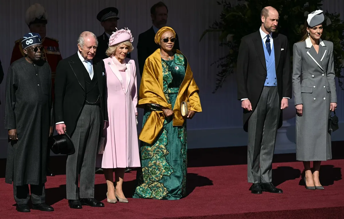 King Charles III, Queen Camilla, Prince William, and Kate Middleton stand with Nigeria's President Bola Tinubu and Nigeria's First Lady Oluremi Tinubu