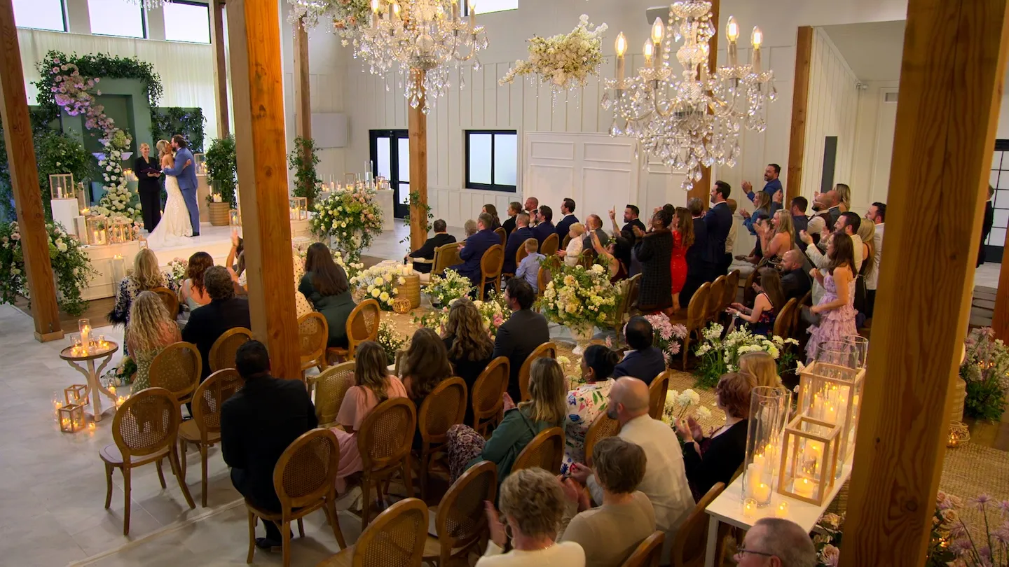 'Love Is Blind' Season 10 couple Amber Morrison and Jordan Faeth surrounded by friends and family on their wedding day