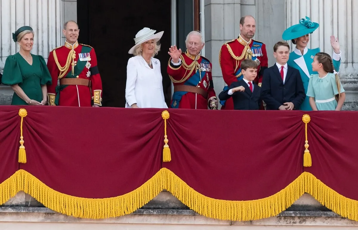 Sophie, Duchess of Edinburgh stands on the balcony of Buckingham Palace with King Charles III, Prince William, and other working royals
