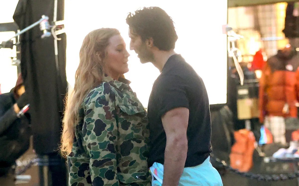 Blake Lively and Justin Baldoni are seen on the set of "It Ends with Us" on January 12, 2024 in Jersey City, New Jersey.