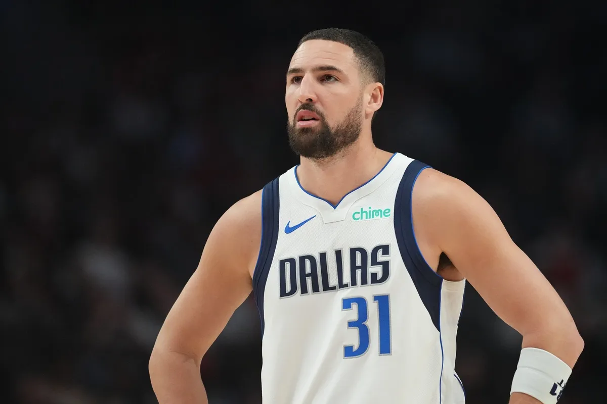 Klay Thompson #31 of the Dallas Mavericks looks on during the first half against the Portland Trail Blazers at Moda Center on March 27, 2026 in Portland, Oregon.