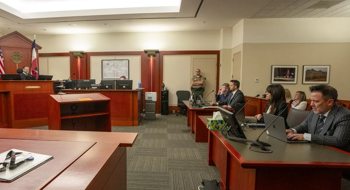 Third District Commissioner Russell Minas presides over a hearing on a protective order sought by Dakota Mortensen against Taylor Frankie Paul at the Third District Courthouse, Salt Lake City on April 7, 2026 in Salt Lake City, Utah.