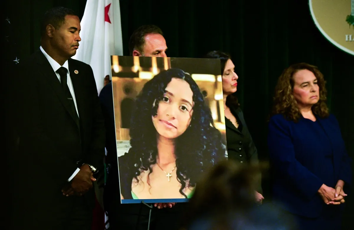 A portrait of the late Celeste Rivas Hernandez is shown during a press briefing by Los Angeles County District Attorney Nathan J. Hochman