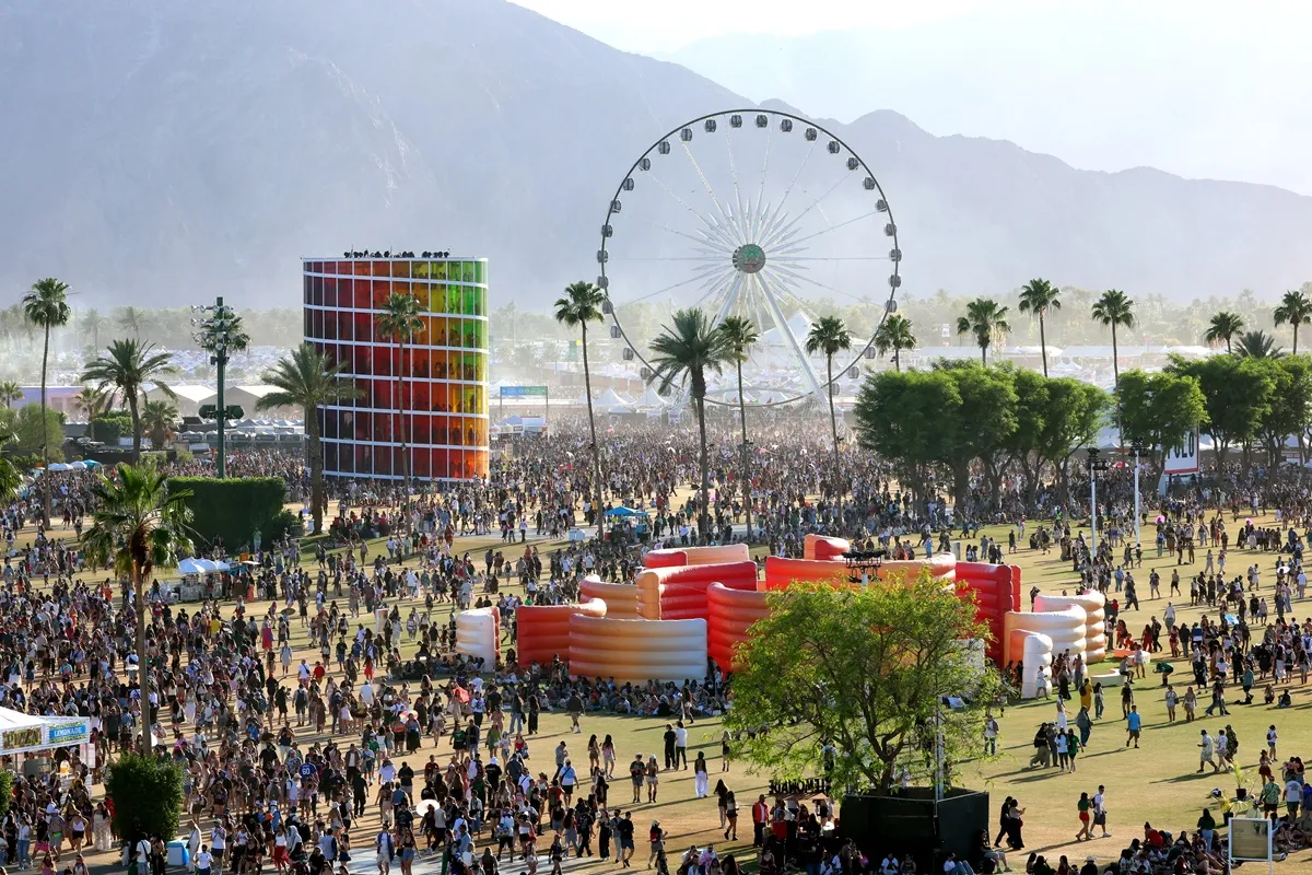 An aerial view of the 2026 Coachella Valley Music and Arts Festival at Empire Polo Club on April 19, 2026 in Indio, California