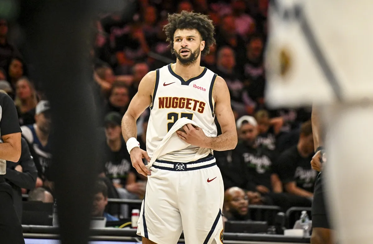 Jamal Murray of the Denver Nuggets stands on the floor during the fourth quarter of the Minnesota Timberwolves' 113-96 win