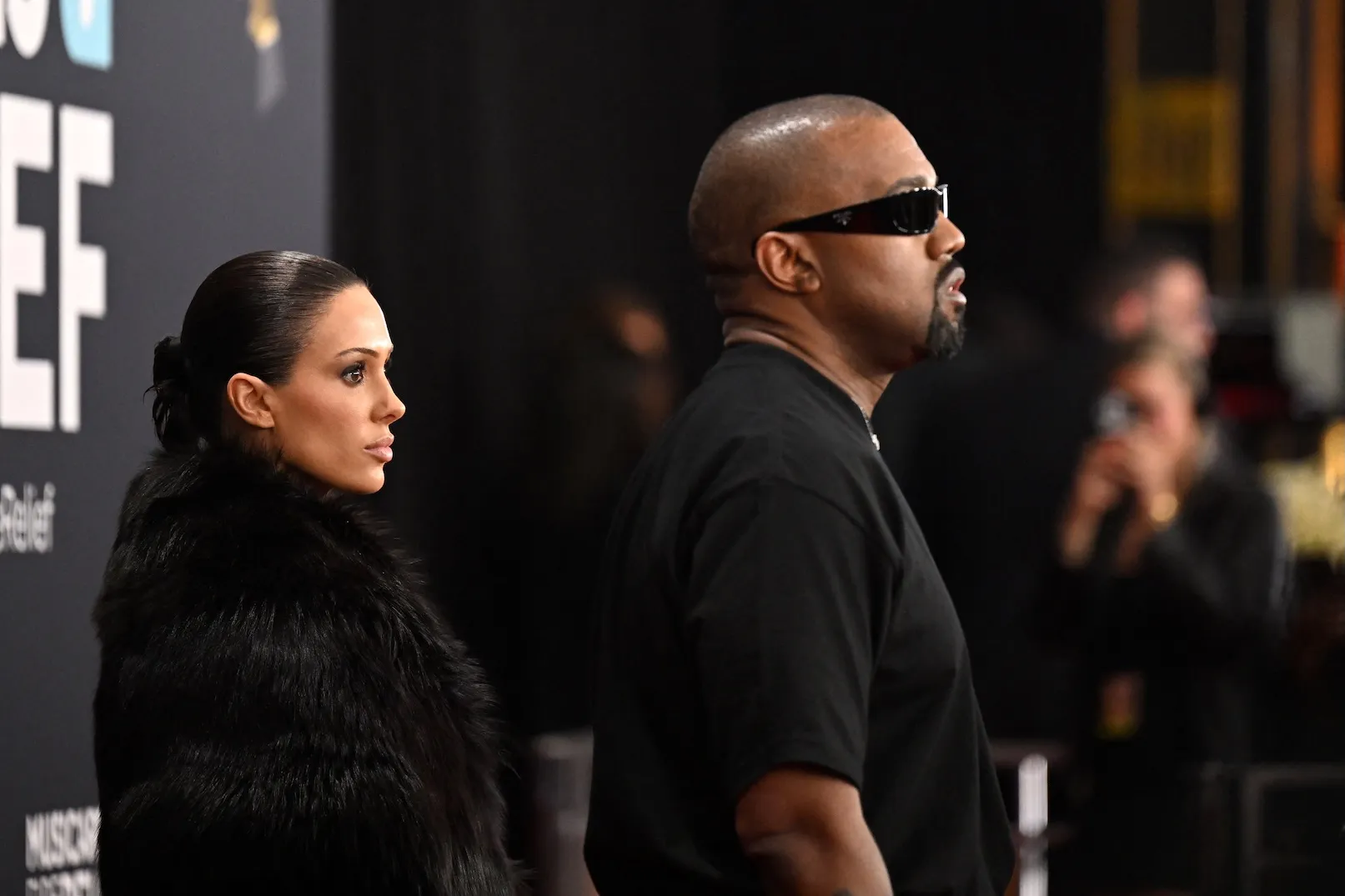 A side view of Bianca Censori and Kanye 'Ye' West on the red carpet at the Grammys
