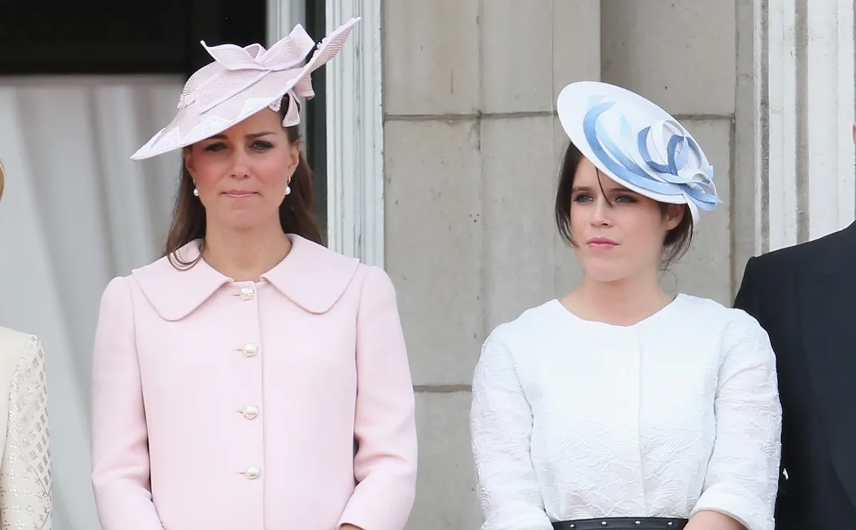 Kate Middleton and Princess Eugenie stand on the balcony of Buckingham Palace during Trooping the Colour Ceremony