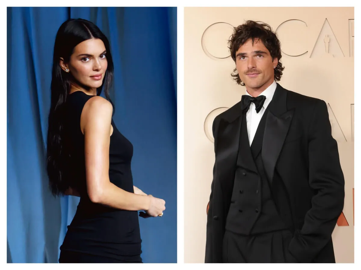 Kendall Jenner wears a black dress and looks over her shoulder. Jacob Elordi wears a tuxedo.