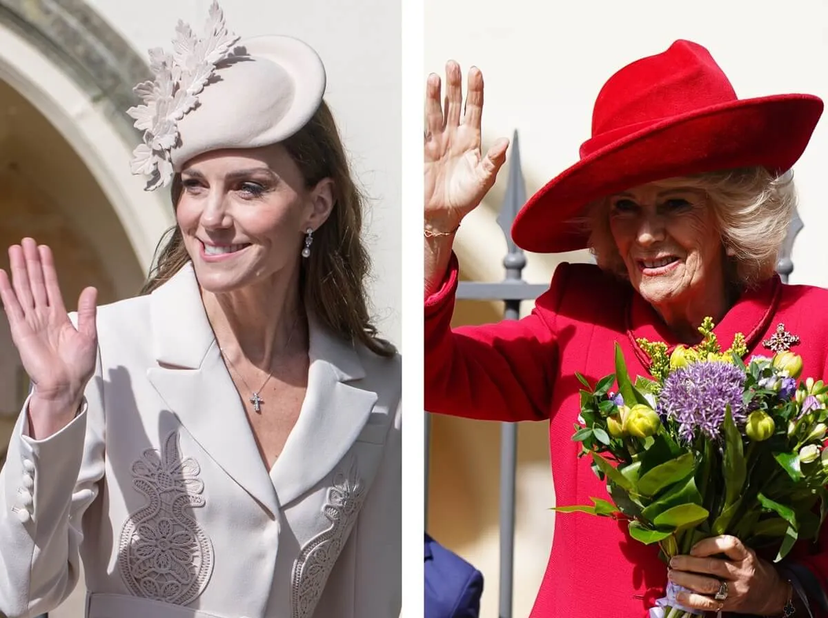 (L) Kate Middleton at 2026 Easter Service, (R) Queen Camilla at 2026 Easter service
