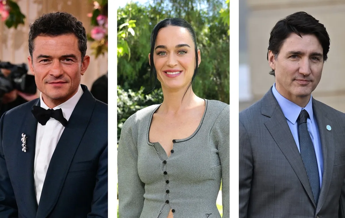 (L) Orlando Bloom attends Golden Globes, (C) Katy Perry attends Oscars luncheon, (R) Justin Trudeau attends Ukraine-focused event