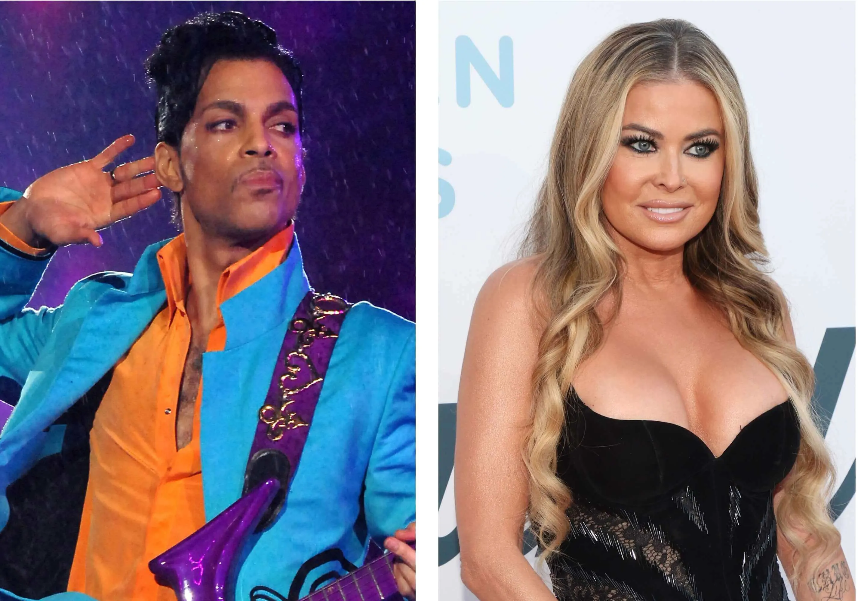 (L): Prince performs at halftime during Super Bowl XLI, (R): Carmen Electra attends a Grammy viewing party