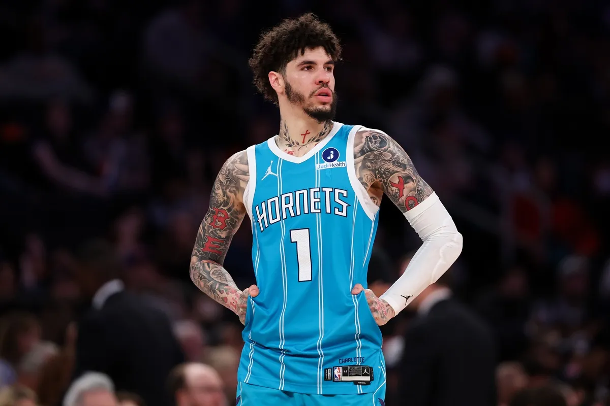 LaMelo Ball of the Charlotte Hornets looks on during a game against the New York Knicks