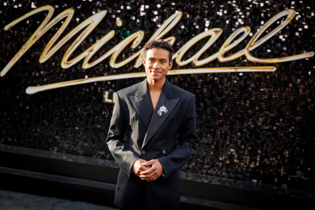 Jaafar Jackson wears a black suit at the premiere of 'Michael.'