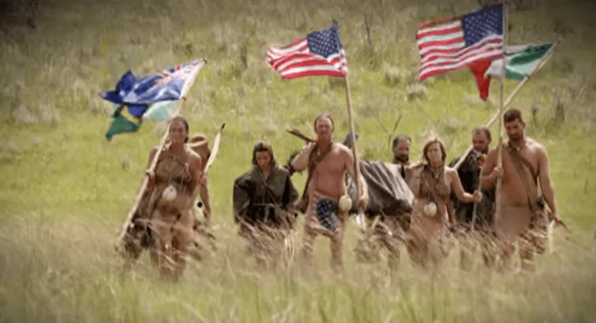 'Naked and Afraid: Global Showdown' cast members running and waving flags