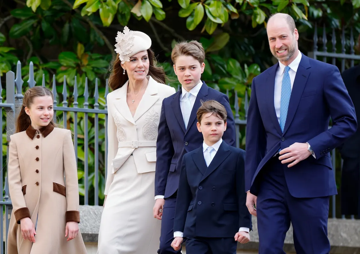 Kate Middleton, in white, with Prince William and their three children outside Windsor Chapel on Easter Sunday 2026
