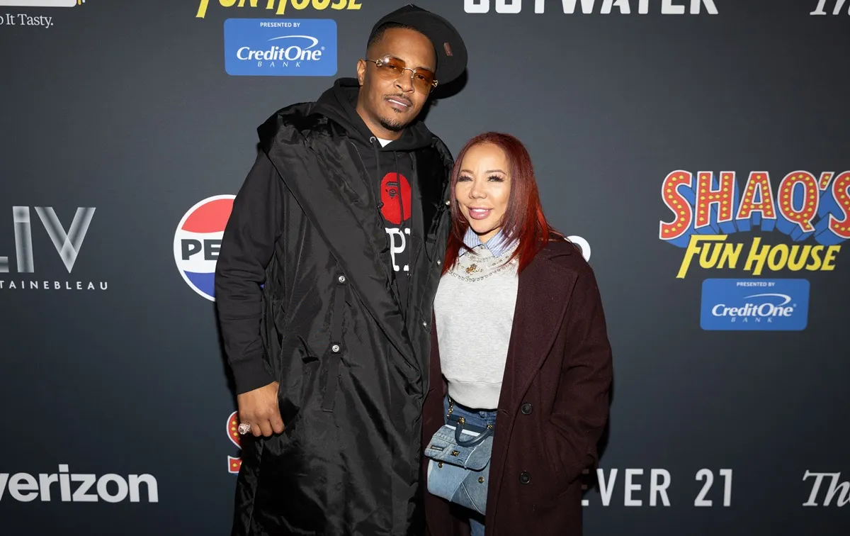 T.I. and Tiny Harris arrive at Shaq's Fun House at Cow Palace Arena & Event Center