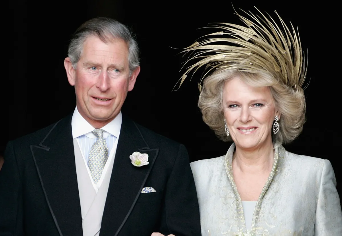 Then-Prince Charles and Camilla Parker Bowles leave the Service of Prayer and Dedication blessing their marriage at Windsor Castle
