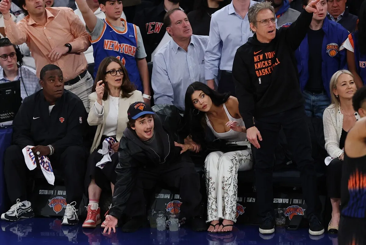 Tracy Morgan, Tina Fey, Timothée Chalamet, Kylie Jenner, and Ben Stiller attend Game Five of the Eastern Conference First Round NBA Playoffs between the Atlanta Hawks and the New York Knicks