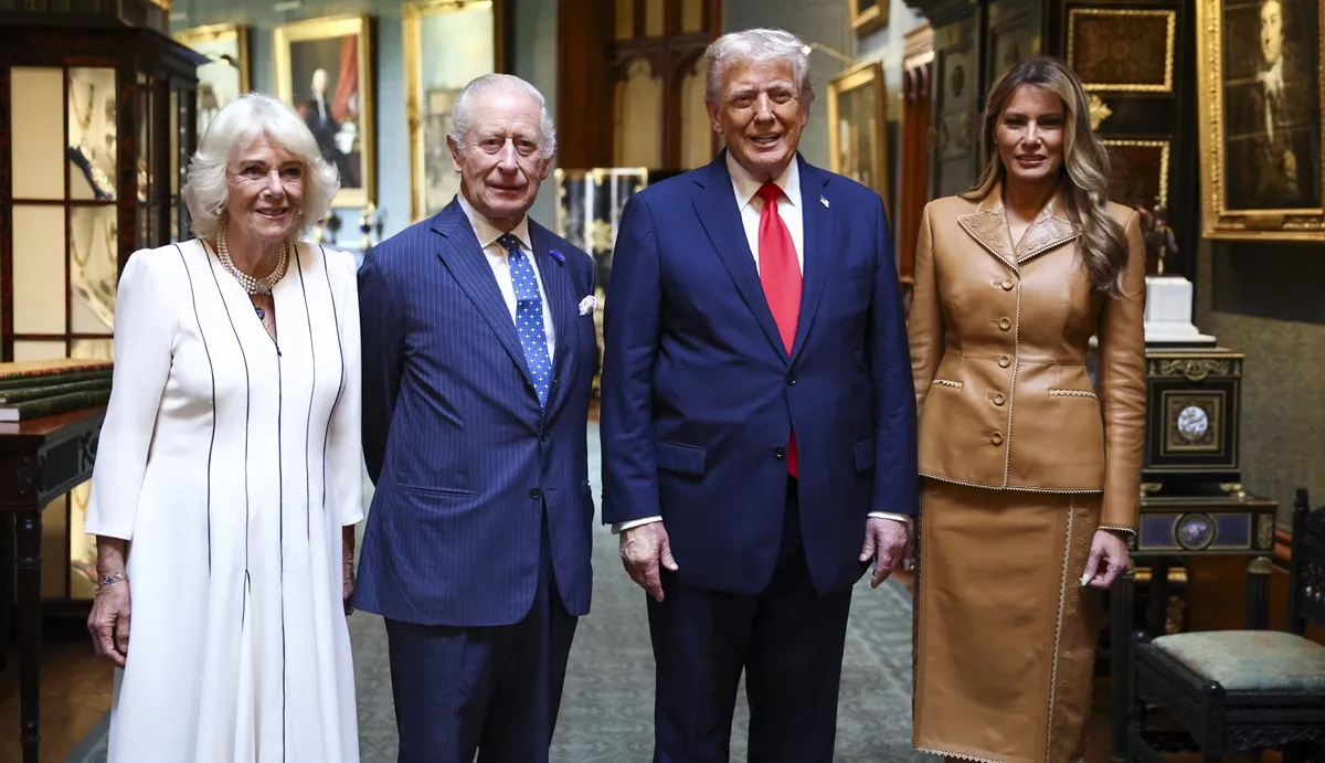 U.S. President Donald Trump and first lady Melania Trump pose with King Charles and Queen Camilla as they bid their farewells at Windsor Castle during a state visit