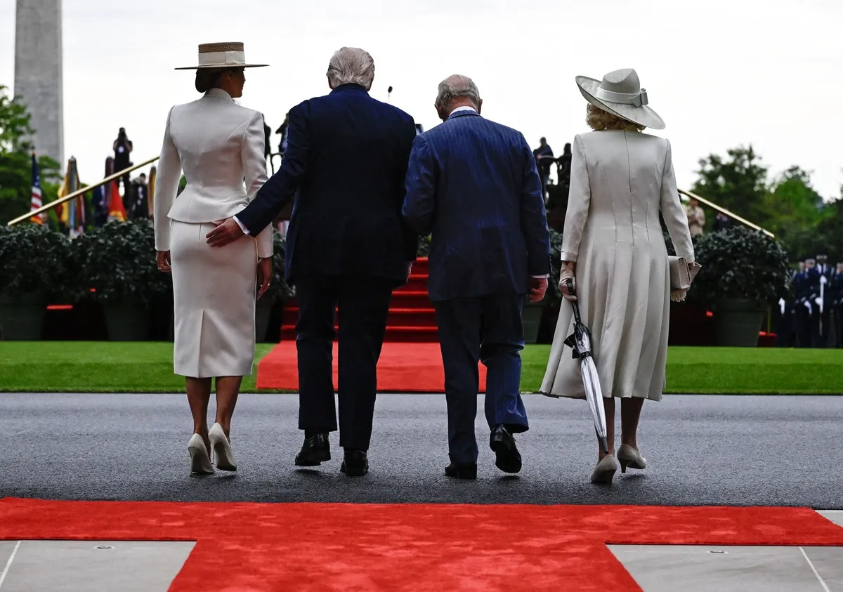 U.S. President Donald Trump, First Lady Melania Trump, Britain's King Charles III and Queen Camilla during an arrival ceremony on the South Lawn of the White House