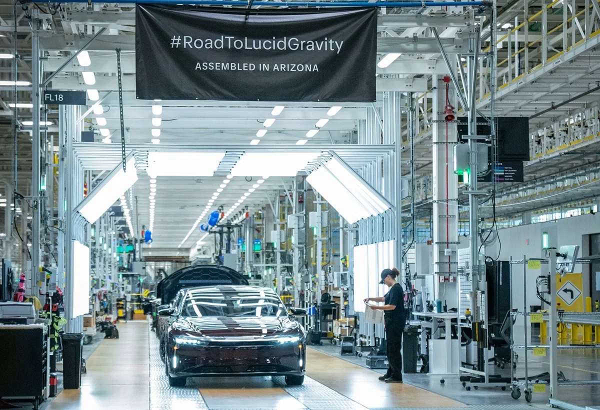A Lucid Motors vehicle comes off the assembly line