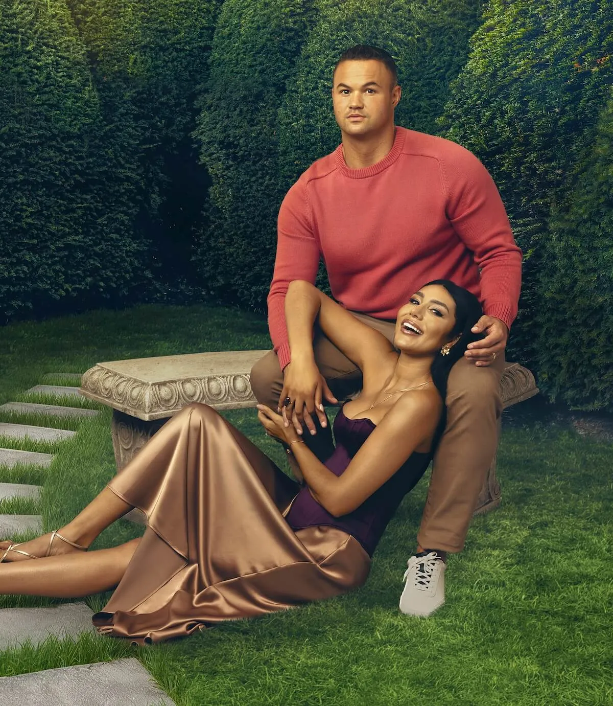 Patrick sitting on a bench and Thais with her head on his knee in portrait for '90 Day: The Last Resort' Season 3