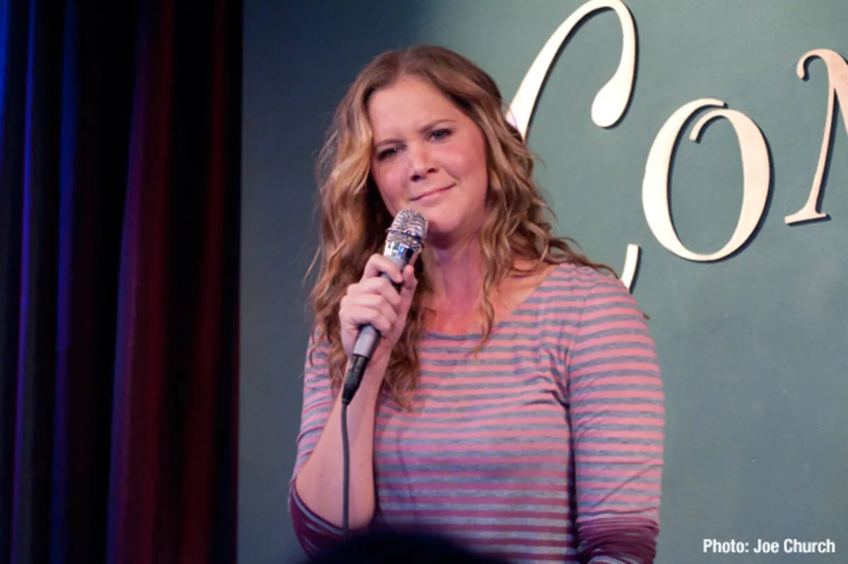 Amy Schumer wears a striped shirt and holds a microphone.