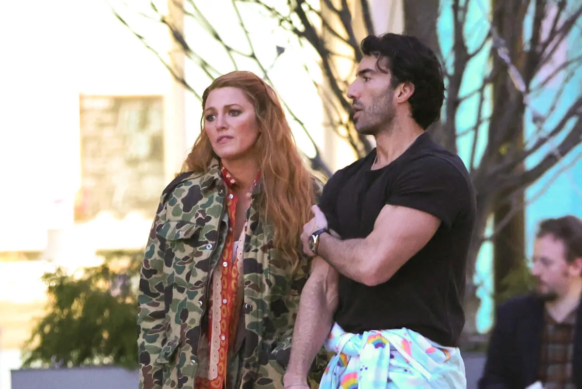 Blake Lively and Justin Baldoni stand together while filming 'It Ends With Us.'